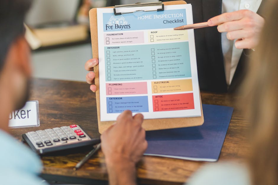 A person holding a clipboard with a home inspection checklist for buyers, featuring sections for foundation, roof, interior, plumbing, electrical, and attic. The checklist is printed on white paper wi